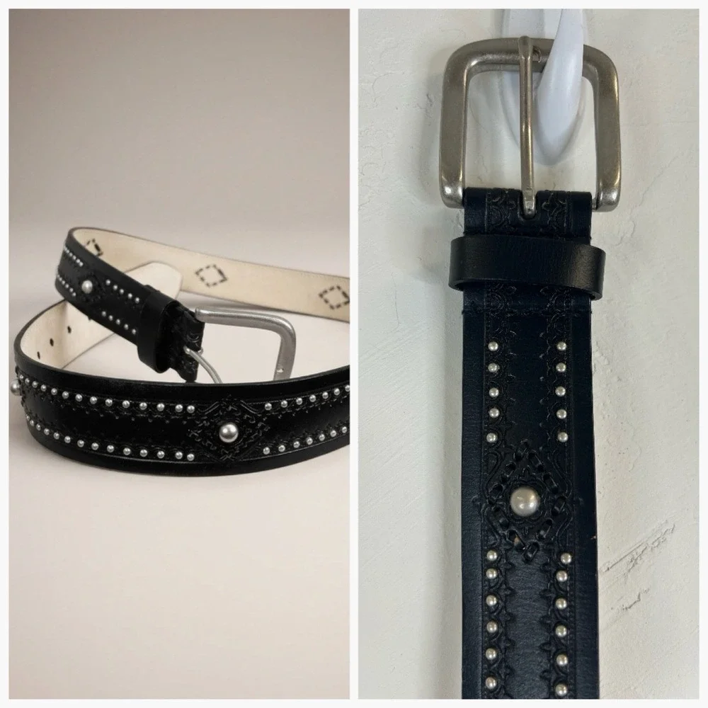 Leather Studded Western Black Belt Size XL Embossed Silver Buckle Cowgirl Biker